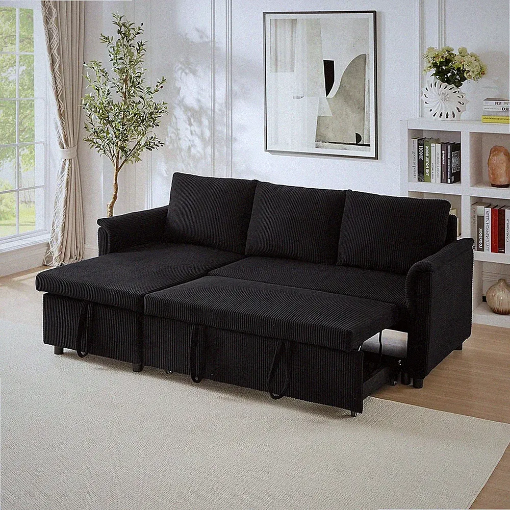 77" L-Shaped Corduroy Sofa with Pull-Out Bed & Storage Chaise, Black