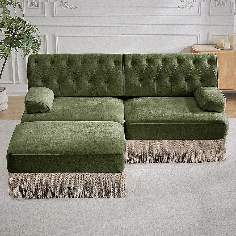 77" L-Shaped Velvet Chesterfield Modular Sectional Loveseat Sofa, Oversized Butt