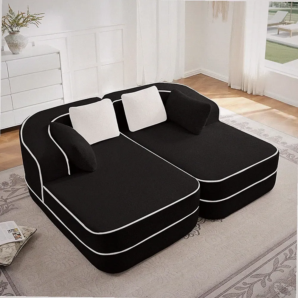 77" Oversized Teddy Modular Loveseat Sofa with Chaise & 4 Pillows, Black