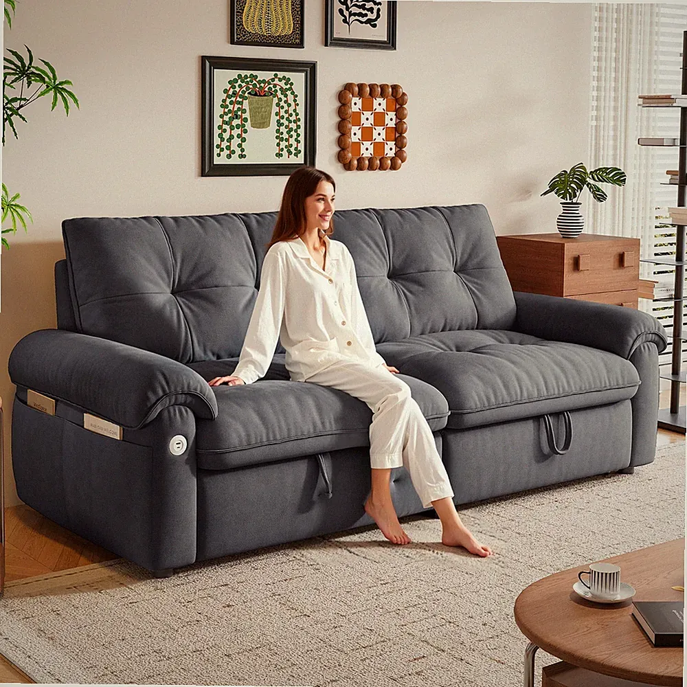 77" Queen Size Convertible Sofa Bed Tufted Pull Out Sleeper Sofa with USB Port