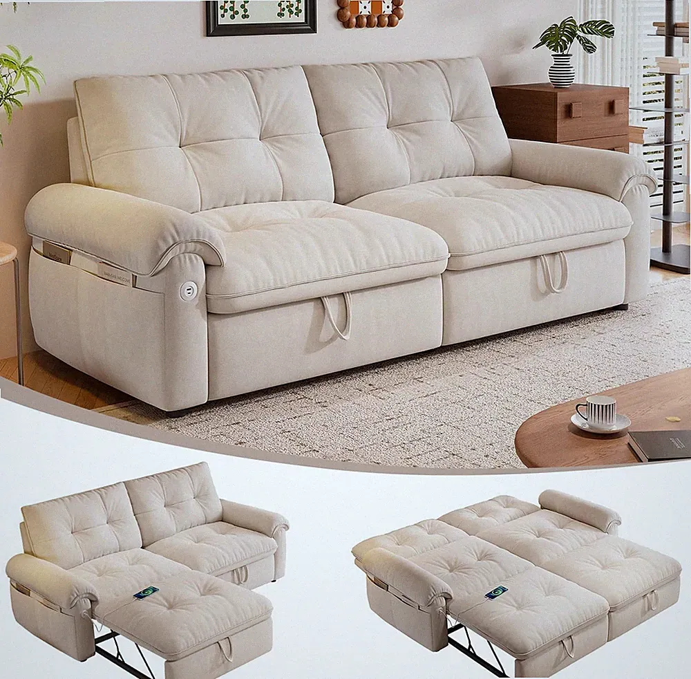 77" Queen Size Convertible Sofa Bed Tufted Pull Out Sleeper Sofa with USB Port