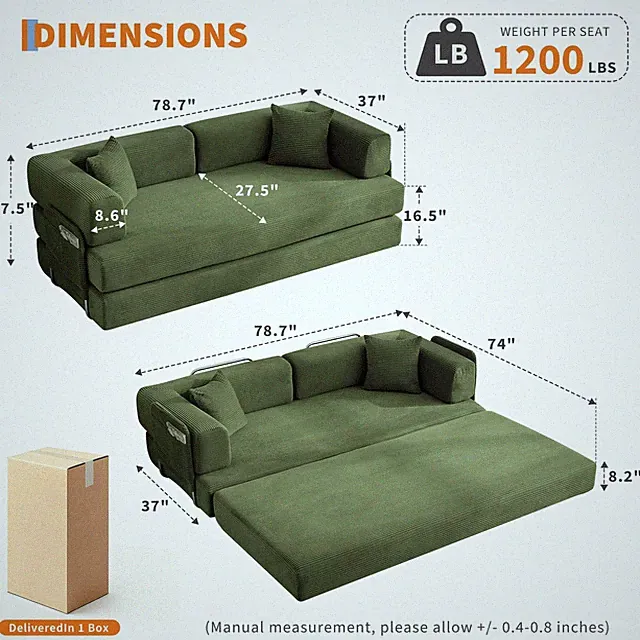 778.7" Oversized 5-in-1 Corduroy Sleeper Folding Sofa Bed with Pillows