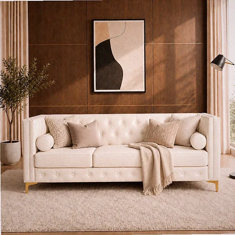 78.5" Classic Button Tufted 3 Seat Sofa,Cream Faux Leather Deep Seat Sofa Couch
