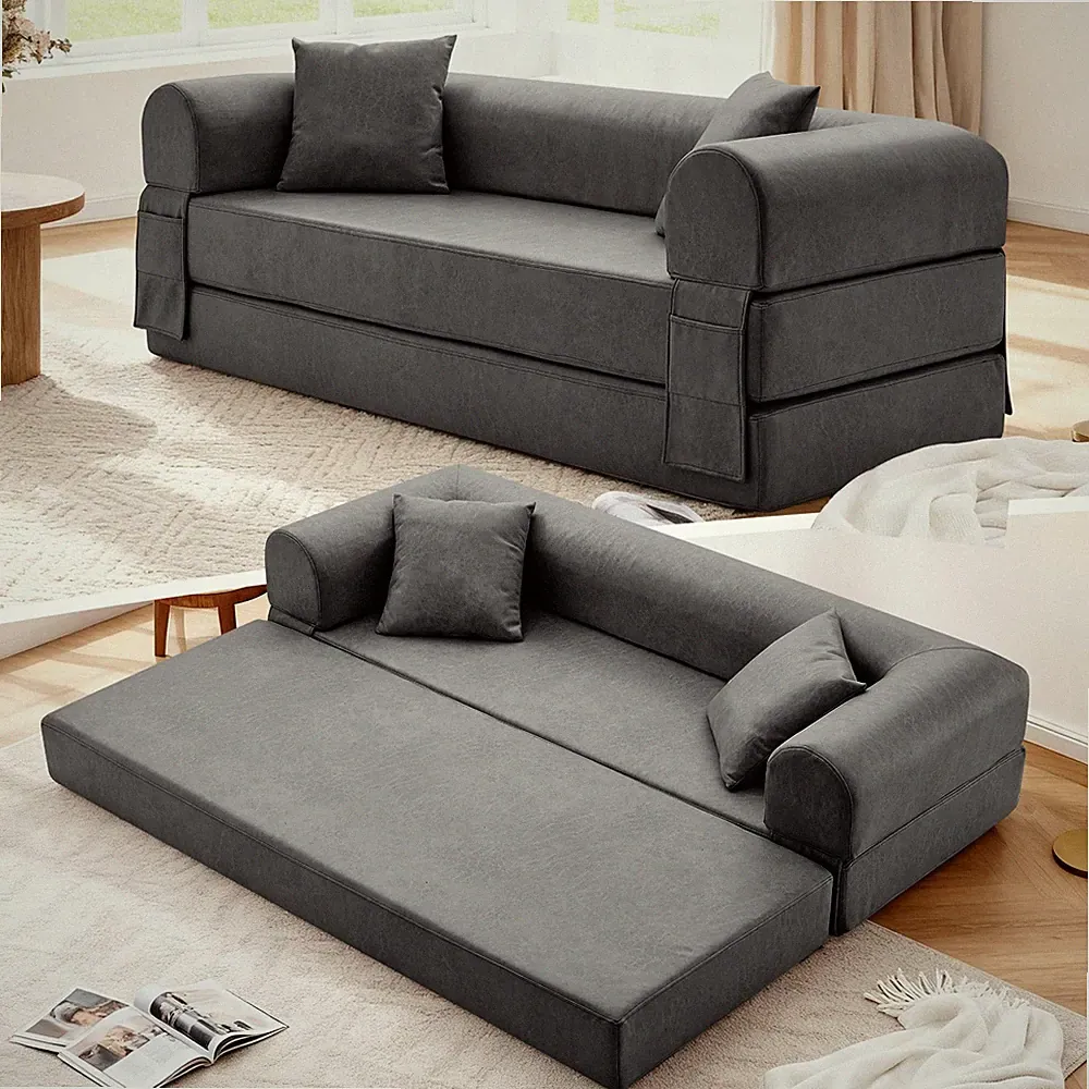 78.5" Convertible Sofa Bed,Modern Faux Leather Sofa Pull Out Folding Floor Couch