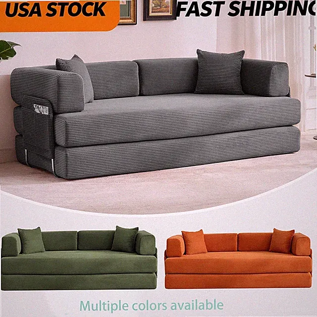 78.7" 5-in-1 Convertible Corduroy Sleeper Folding Sofa Bed w/ Pillows Oversized