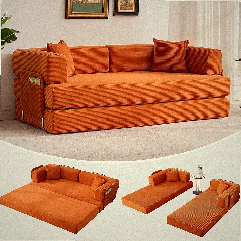 78.7" Convertible Sofa Bed Corduroy Fold Sleeper Sofa Floor Sofa for Living Room