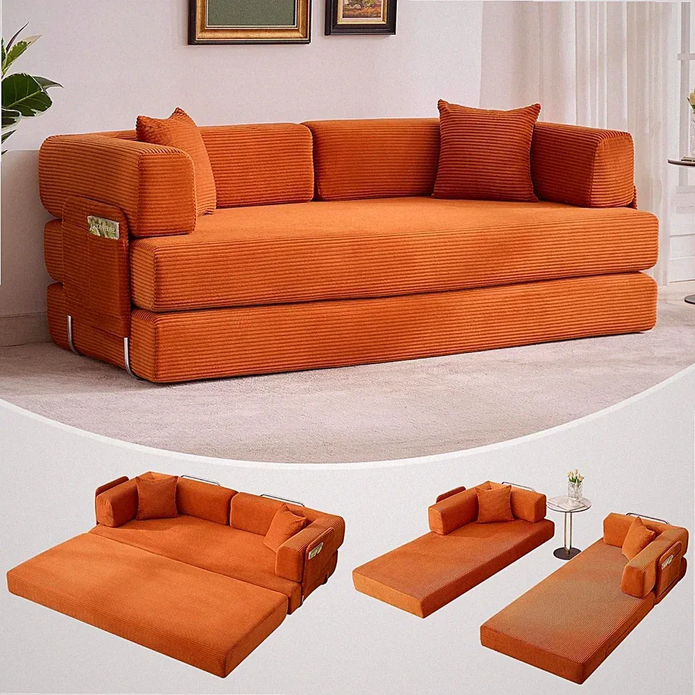 78.7" Folding Sofa Bed Corduroy, 5-in-1 Convertible Sleeper Oversized w/ Pillows