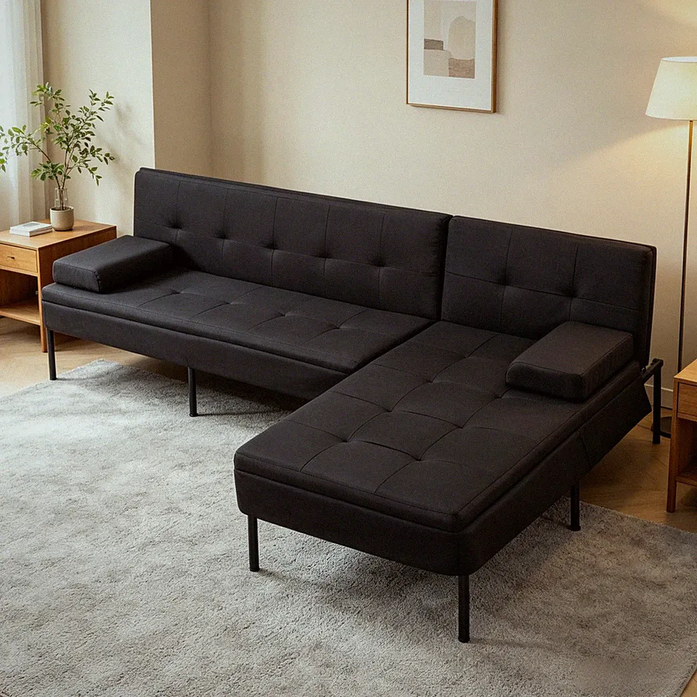 78.7" Modern Sofa Bed Black L-Shaped 5-Position Convertible Reclining Sectional