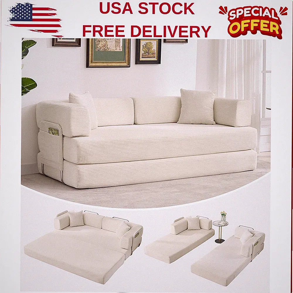 78.7"Modular Corduroy Sofa Bed,5 in 1 Convertible Multi-Functional Futon W/Pillo