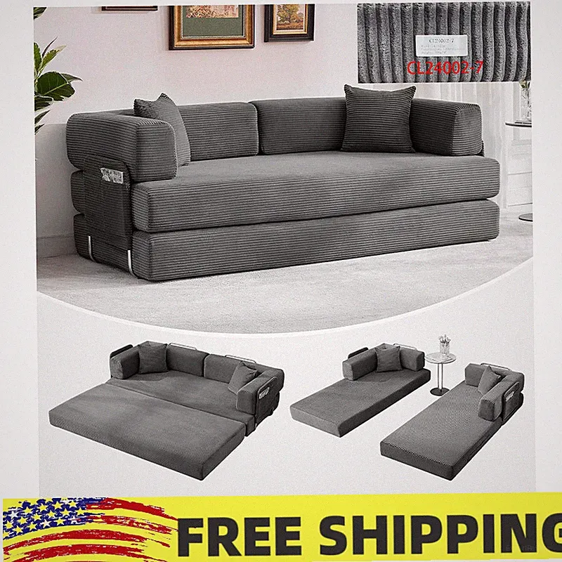 78.7" Oversized 5-in-1 Convertible Corduroy Sleeper Folding Sofa Bed W/Pillows