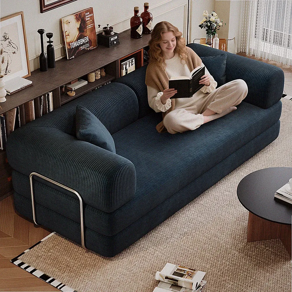 78.8" Convertible Floor Sofa Bed Corduroy Blue Modular Sectional