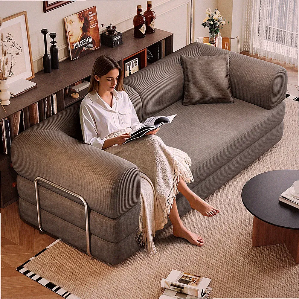 78.8" Convertible Floor Sofa Bed, Corduroy Fabric, Grey, Modular Sectional