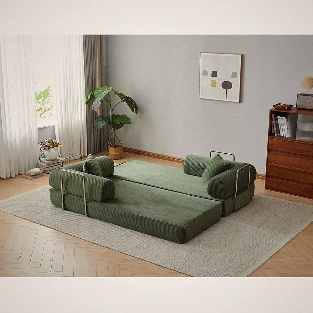 78.8" Convertible Floor Sofa Bed, Corduroy Futon Sleeper, Army Green