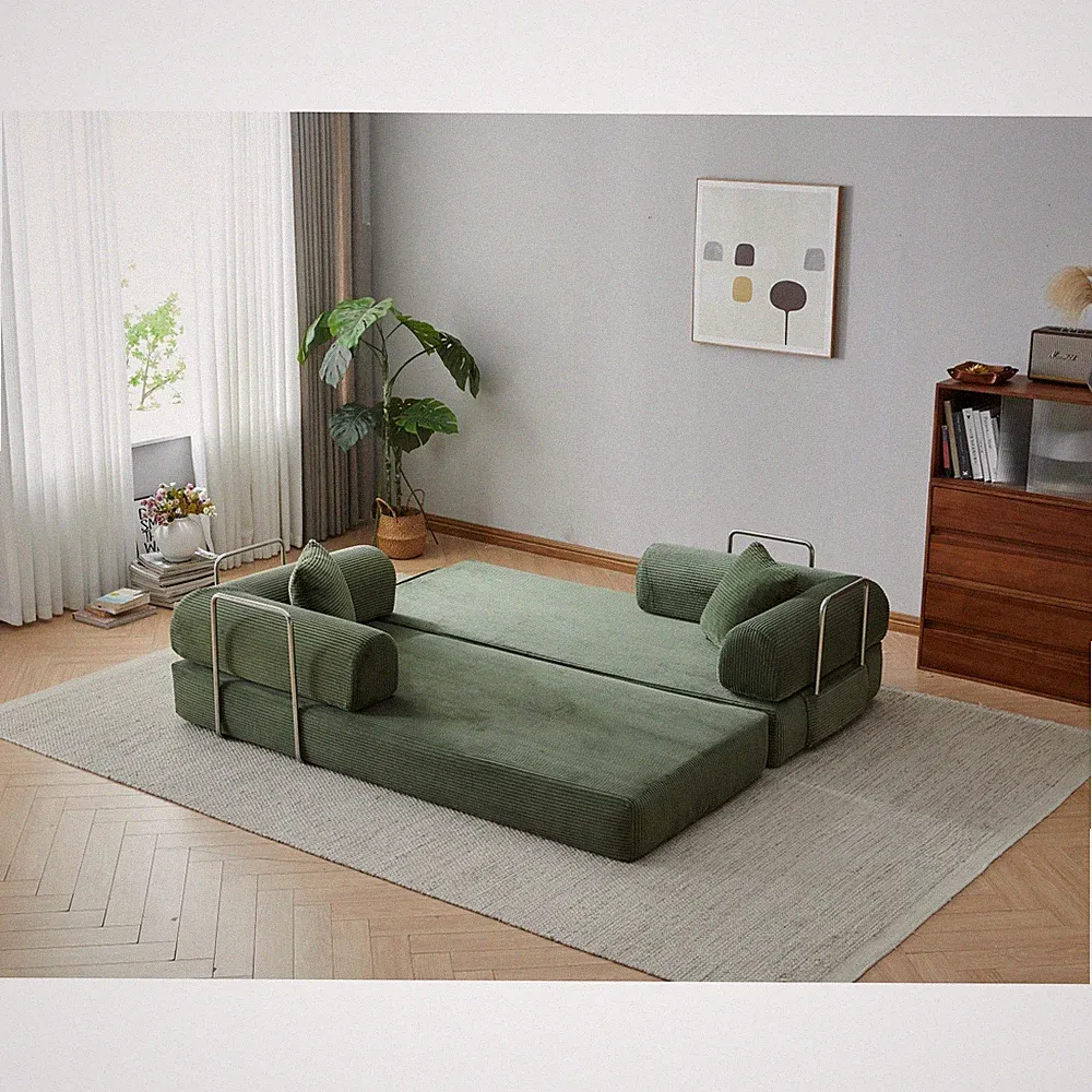 78.8" Convertible Floor Sofa Bed, Corduroy Futon Sleeper, Green