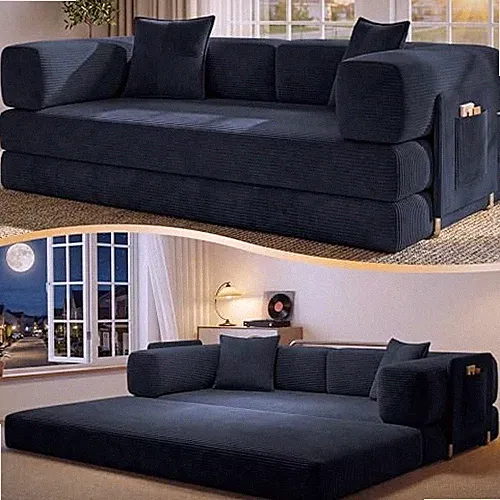78.8" Convertible Futon Sofa Bed, Blue Couch Corduroy Boneless Loveseat Sleeper