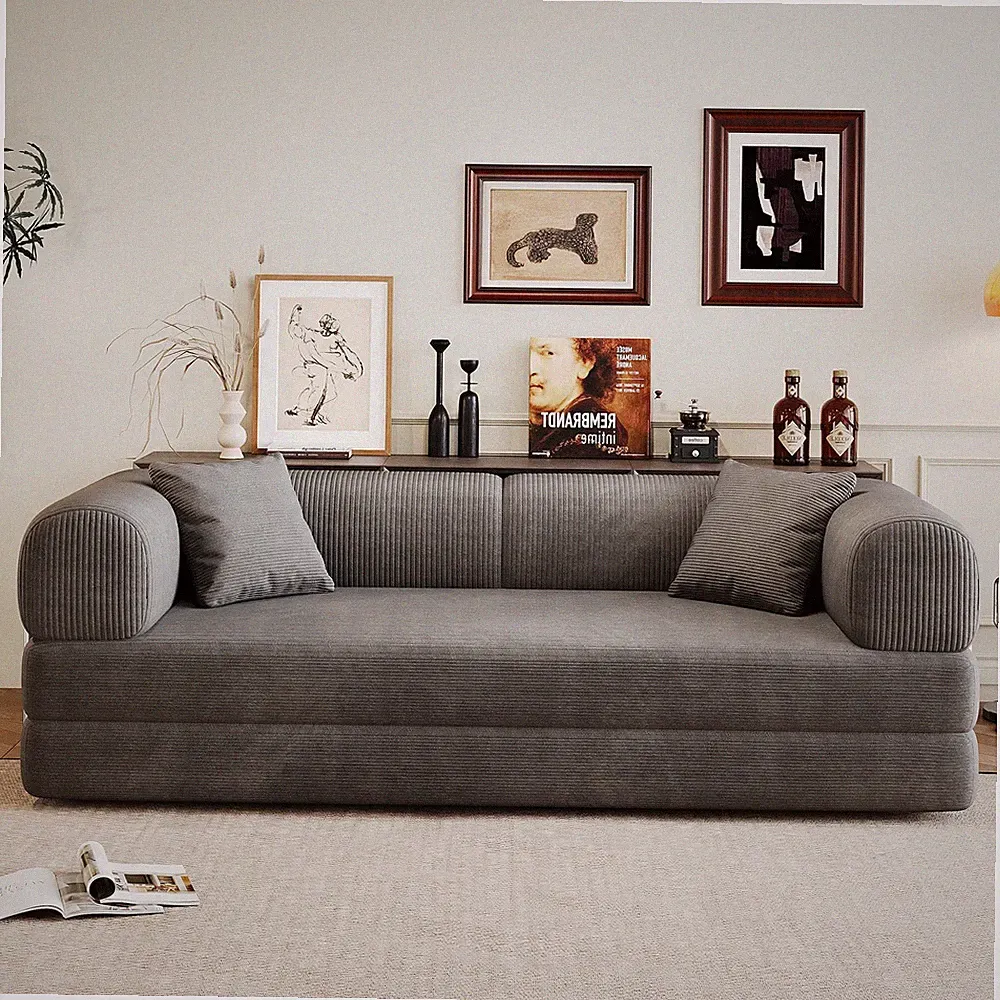 78.8" Convertible Sofa Bed w Frame Support Rods Corduroy Floor Couch No Assembly