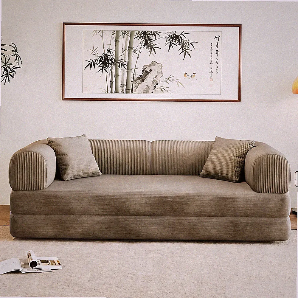 78.8" Corduroy Sleeper Sofa Bed Camel Convertible Couch Modular No-Assembly