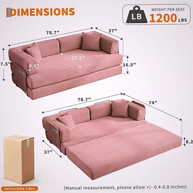 78.8" Modular Corduroy Sofa Bed 5 in 1 Convertible Futon Couch Pull-Out Sleeper