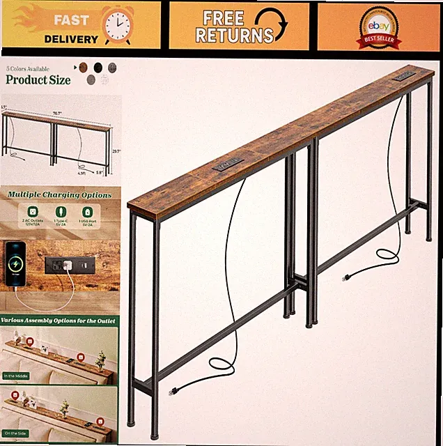 78.8" Narrow Console Table with Outlet & Charging Station, Rustic Entryway Sofa