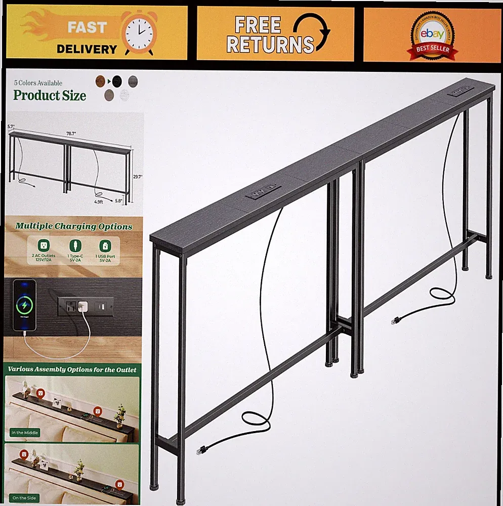 78.8" Narrow Console Table with Outlet, Sofa Table, Charging Station for Living