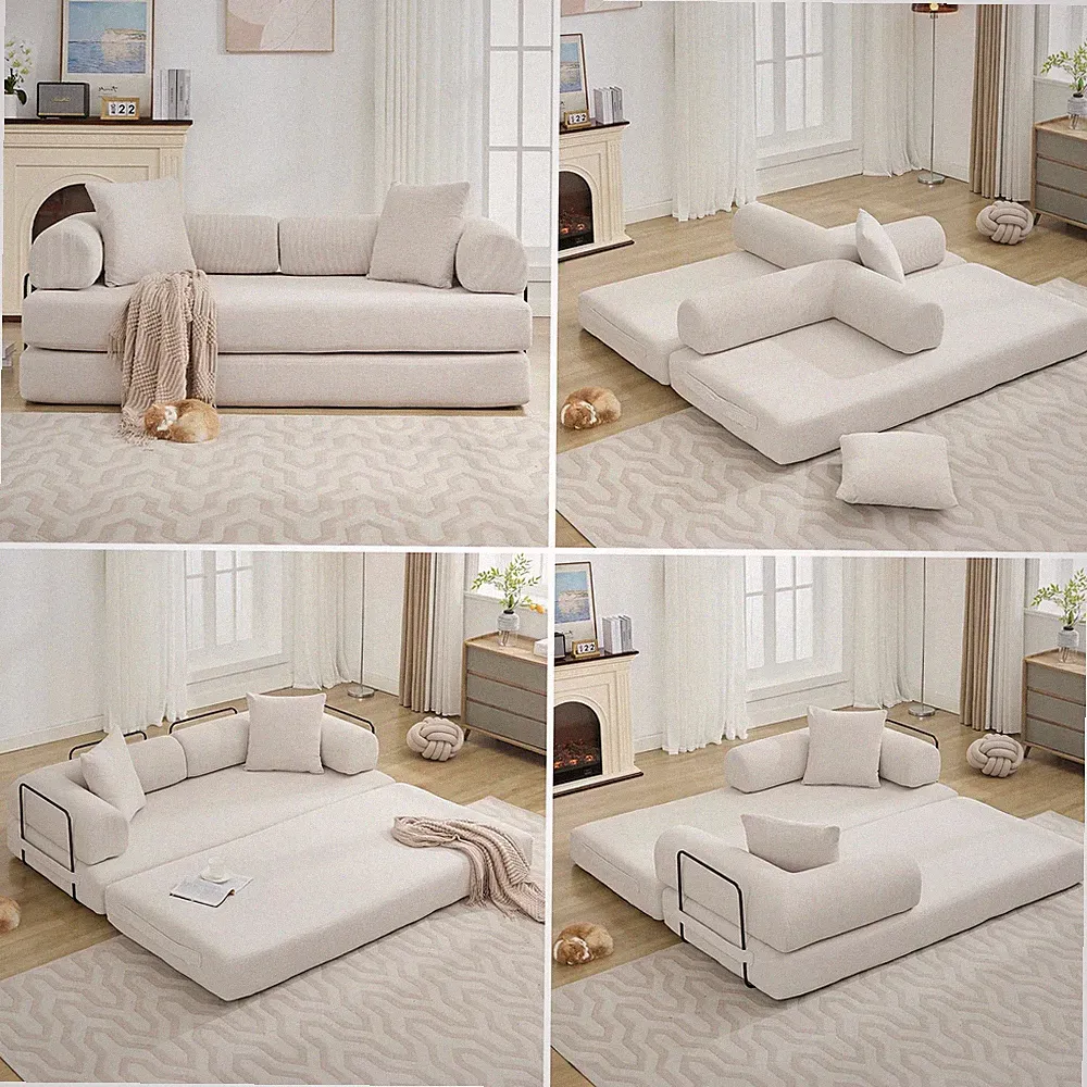 78" Beige Corduroy Loveseat Sofa, Queen Size Convertible Sleeper Couch