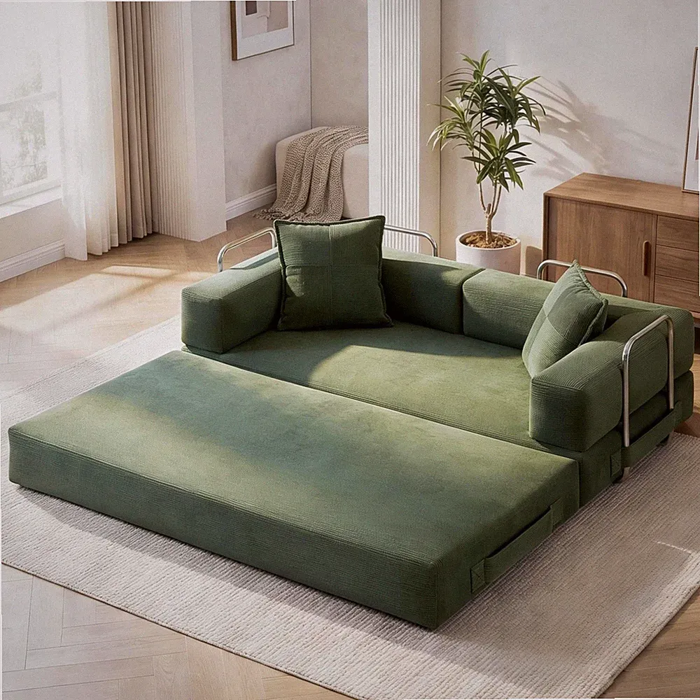 78" Convertible Futon Sofa Bed, Green Corduroy, Tool-Free Assembly, No Assembly