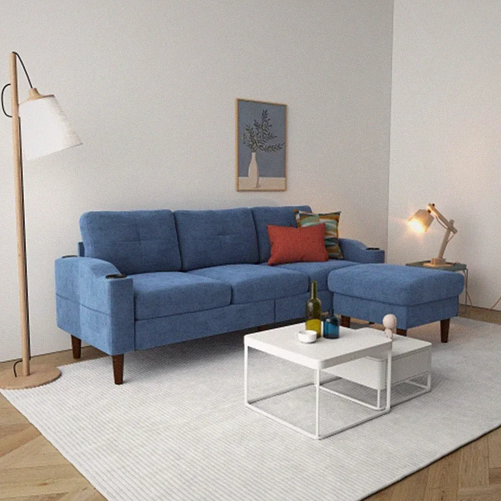 78'' Convertible Sectional Sofa Mid Century Modern Footstools Storage Blue