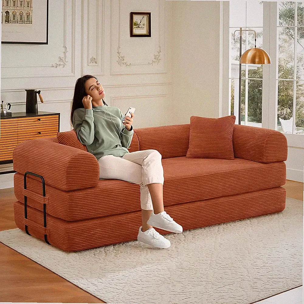 78"Convertible Sleeper Sofa Bed Corduroy Folding Mattress Couch with Fixed Frame