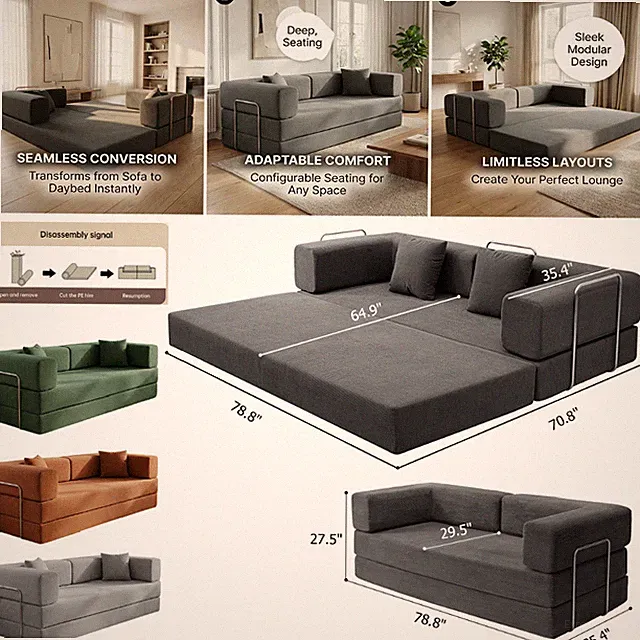 78" Convertible Sleeper Sofa Bed,No Assembly Boneless Couch Sofa in Box US Stock