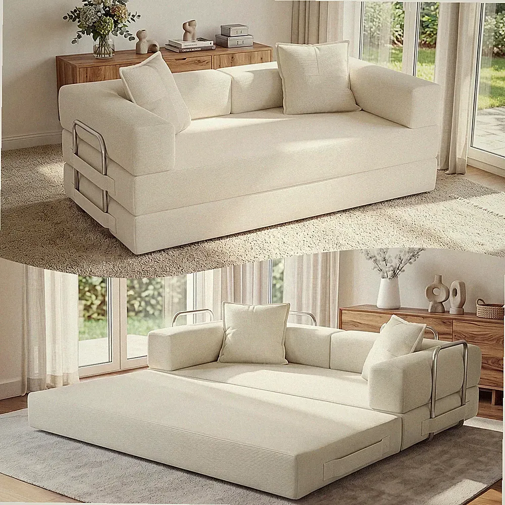 78" Convertible Sofa Bed 5-In-1 Corduroy Futon Pull Out Couch Sleeper Sofa Beige
