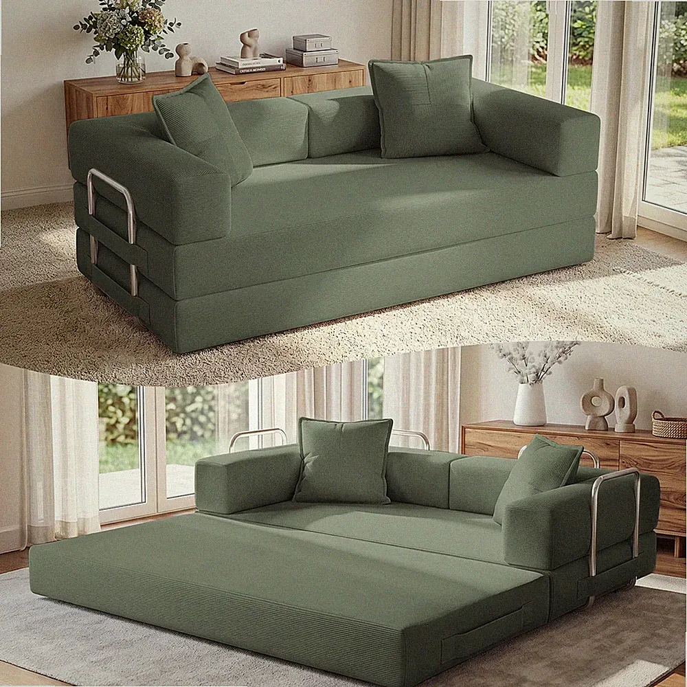 78" Convertible Sofa Bed 5-In-1 Corduroy Futon Pull Out Couch Sleeper Sofa Green