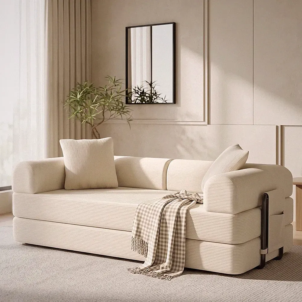 78" Corduroy Sofa Double Sleeper Sectional 5-In-1 Convertible Couch Bed Washable