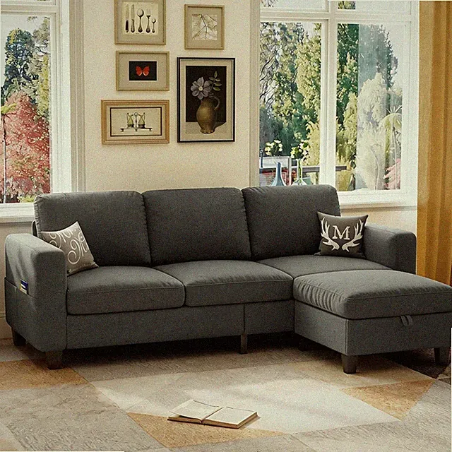 78" Dark Gray L Shaped Sectional Sofa Couch W/ Storage Ottoman