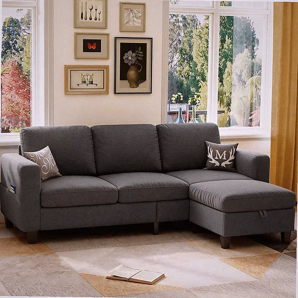 78" Dark Gray L Shaped Sectional Sofa Couch with Storage Ottoman Pet-friendly