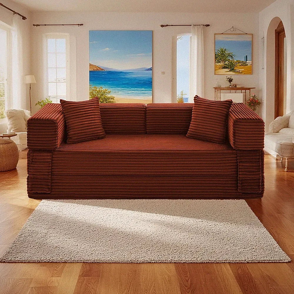 78" Folding Convertible Floor Sofa Bed,Corduroy Boneless Couch with Pull Out Bed