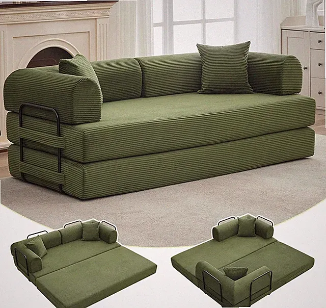 78'' Green Convertible Sleeper Sofa Bed with Pillows - 4-in-1 Corduroy Couch