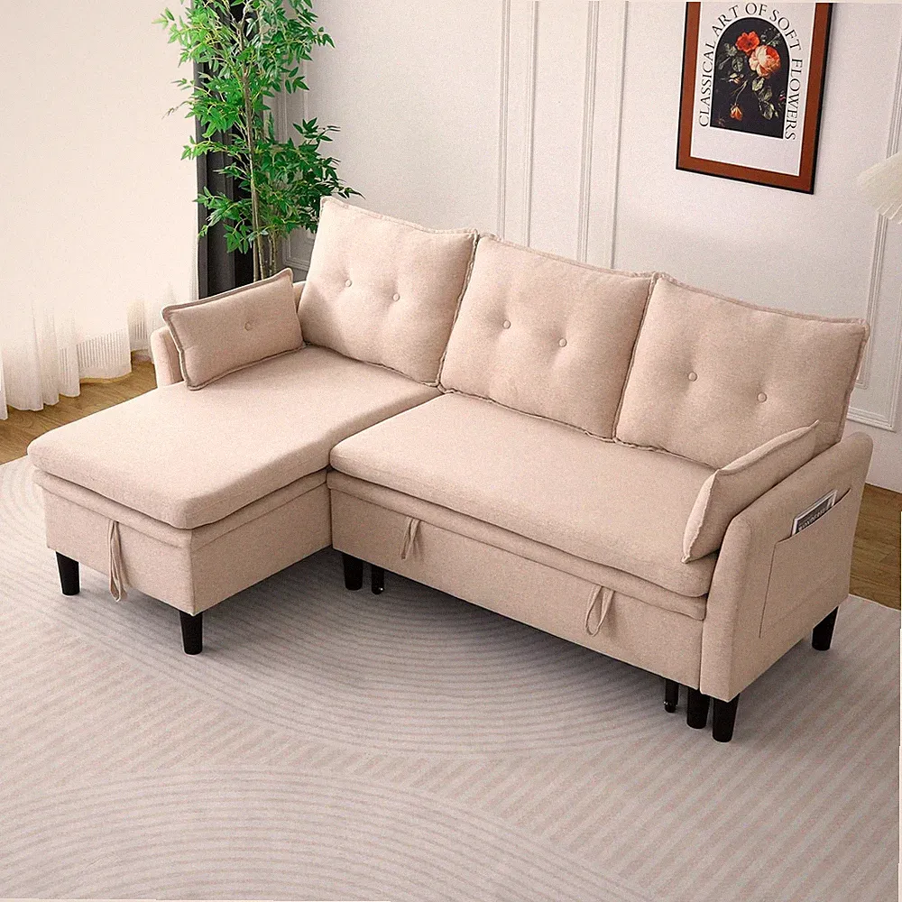 78” L-Shaped Reversible Chaise Sectional Sofa, Pull Out Sleeper Sofa Bed