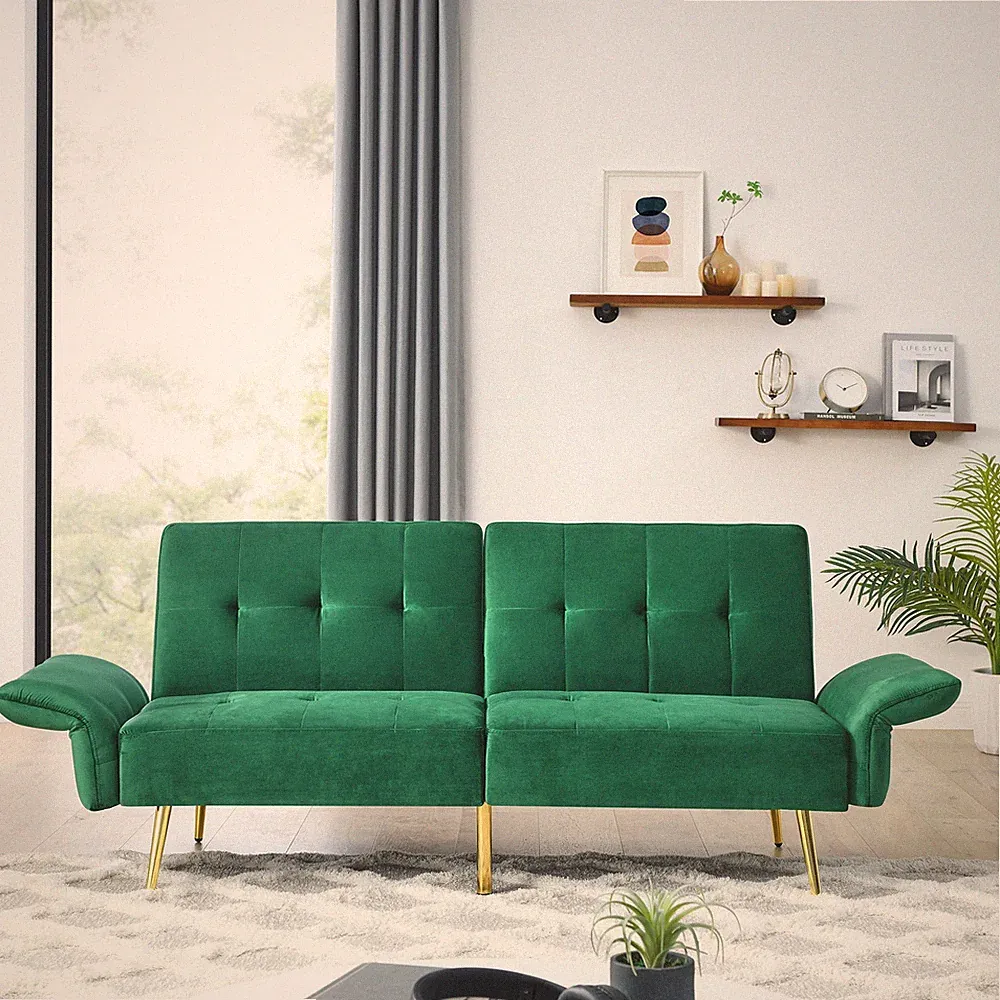78" Modern Contemporary Velvet Futon Sofa Bed Green 3-in-1 Folding Convertible