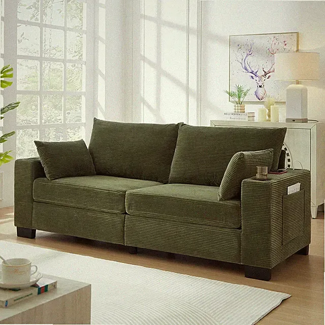 78" Modern Corduroy Sofa with USB Ports, Cup Holders & Storage for Small Spaces