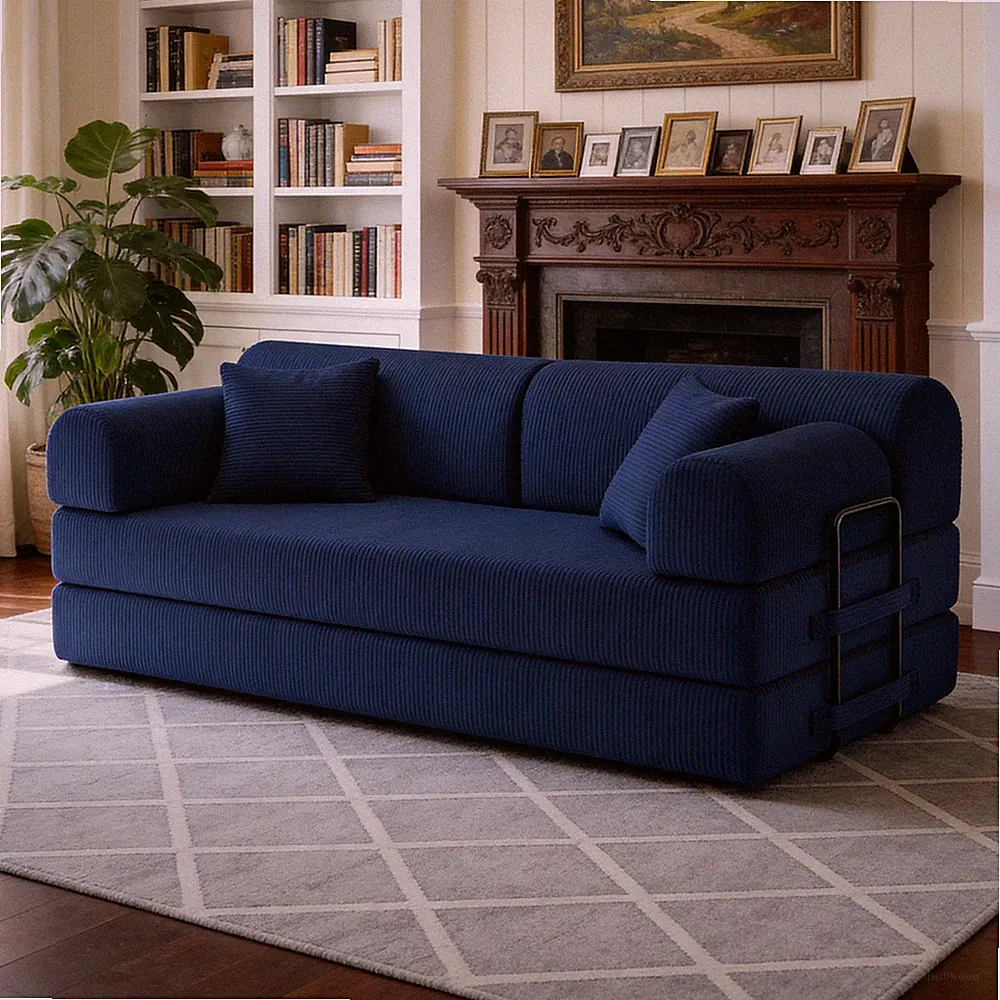78" Modern Retro Corduroy Futon Sofa Bed Blue 4-in-1 Folding Convertible Couch