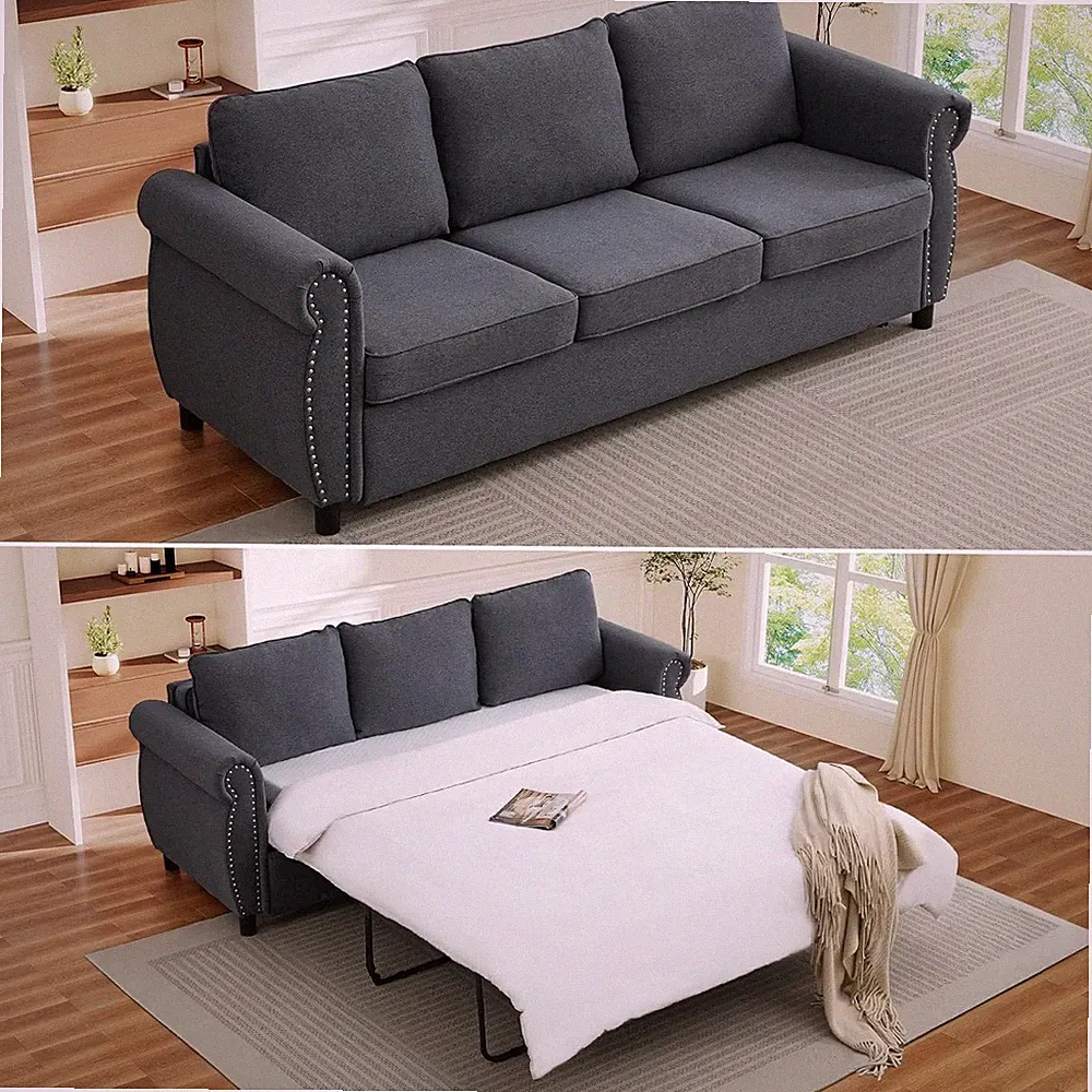 79.5" Full Size Convertible Pull Out Sofa Bed Upholstered Couch w/ Nailhead Trim