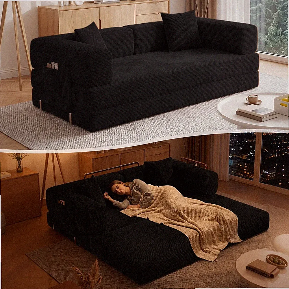 79" 5-in-1 Convertible Sleeper Sofa Bed, Chenille Floor Couch, High-Density Foam