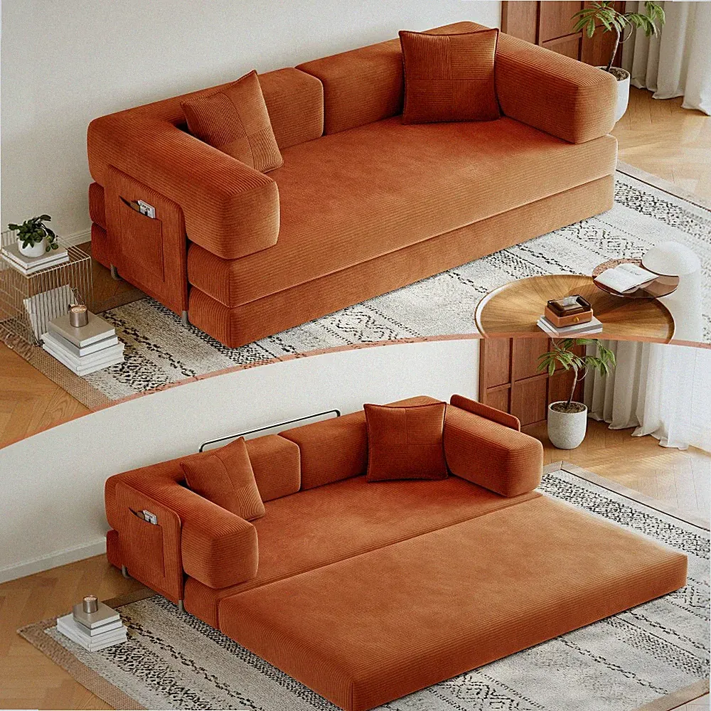 79" 5-in-1 Sleeper Sofa Bed, Orange Chenille Floor Couch, Washable Cover