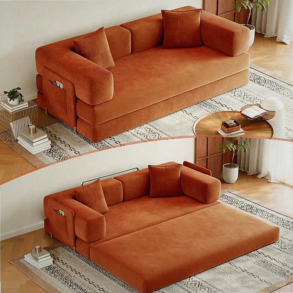 79" 5-in-1 Teddy Couch Sleeper Sofa Bed with Washable Orange Cover