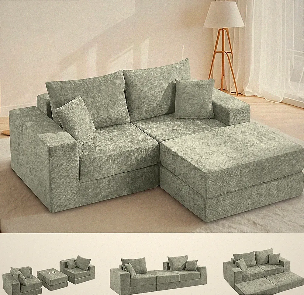 79" Boneless Cloud Sectional Loveseat with Ottoman, Chenille Convertible Sleeper