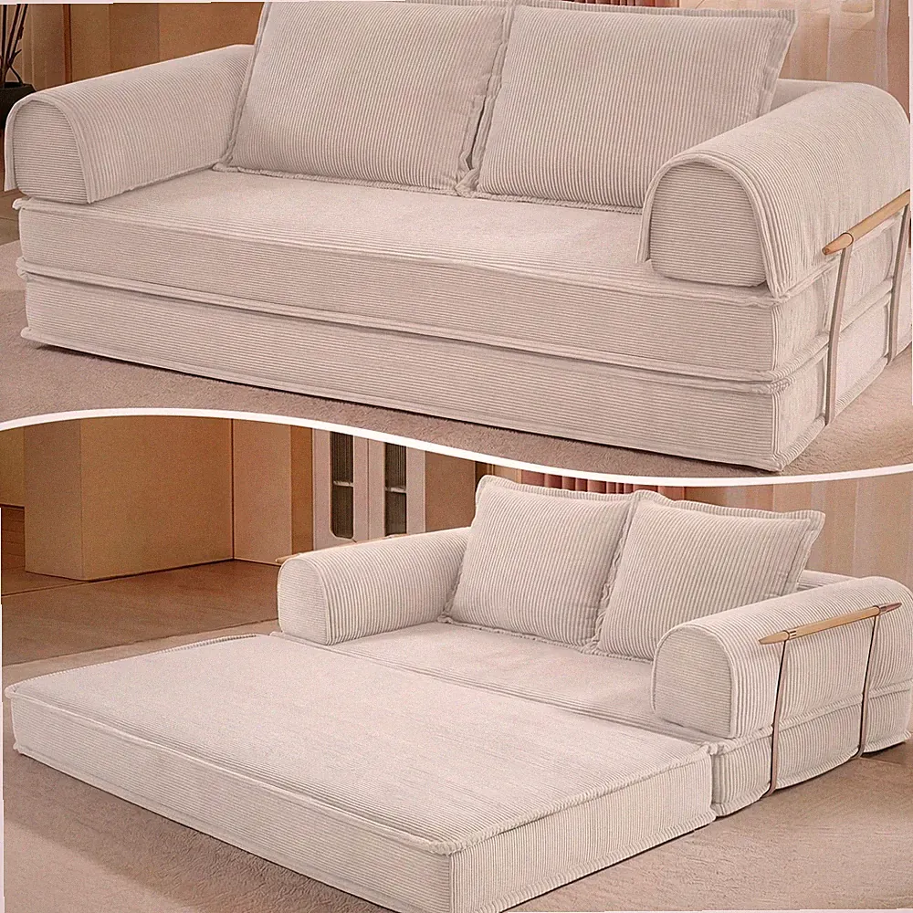 79" Boneless Corduroy Futon Sofa Bed 5-in-1 Convertible Floor Sleeper White