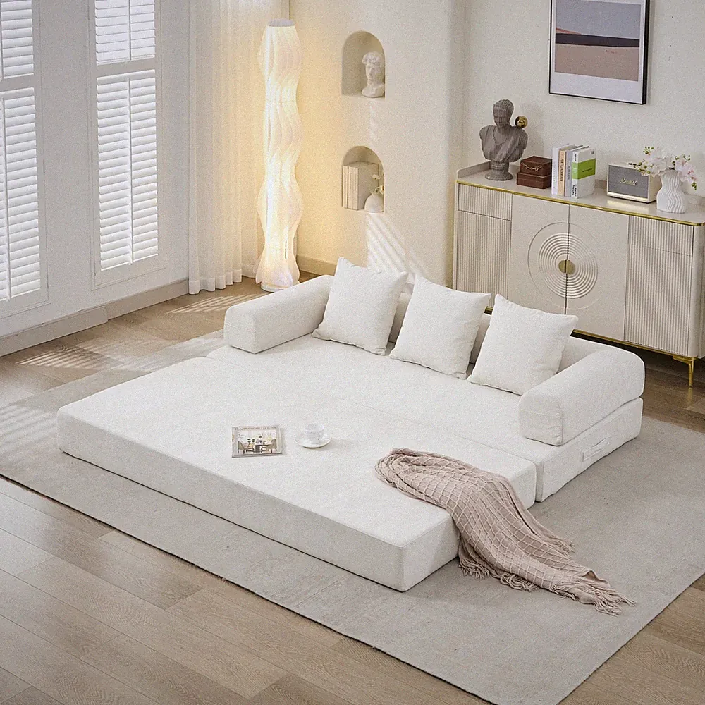 79" Chenille Futon Sofa Bed Beige Foldable Convertible Loveseat Couch Sleeper