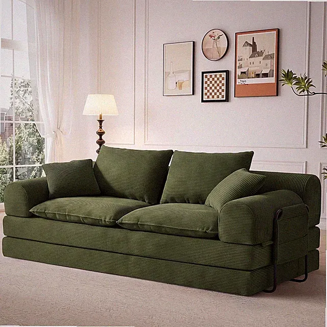 79" Convertible Boneless Couch,Green Corduroy Futon Sofa Bed