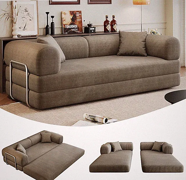 79" Convertible Corduroy Sofa Bed with Pillows, No Assembly, Camel Color