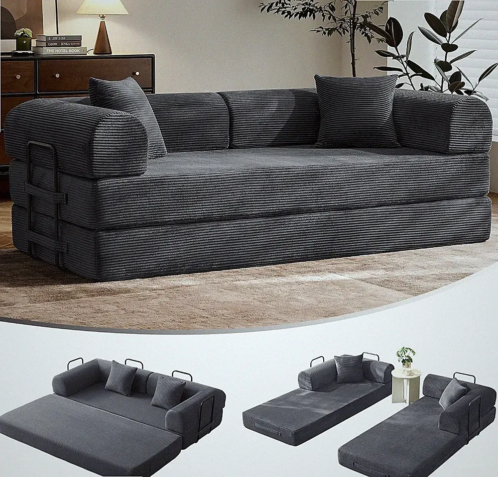 79" Convertible Futon Sofa Bed Boneless Couch for Living Room Dark Gray